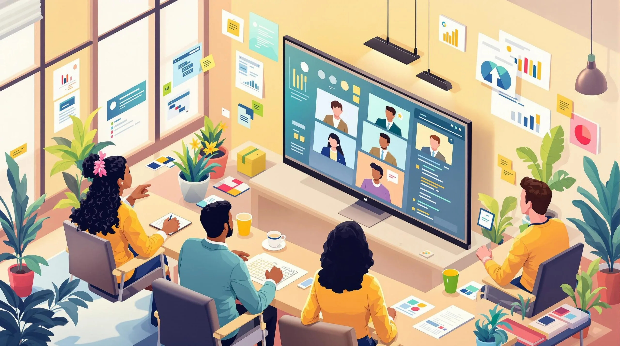 Team collaborating remotely using AI-powered tools