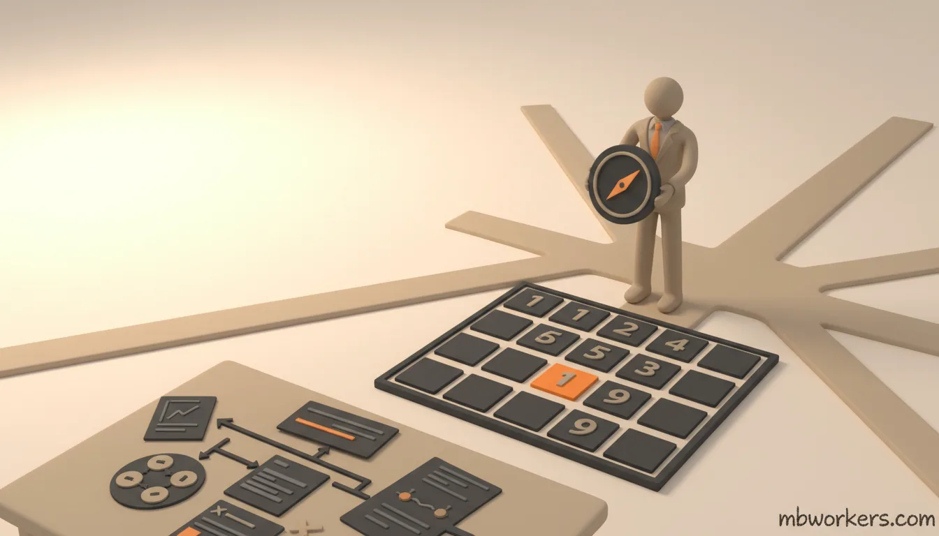 Schematische weergave van een MKB-bedrijf dat bedrijfsprocessen evalueert met een scoringsmatrix op een whiteboard